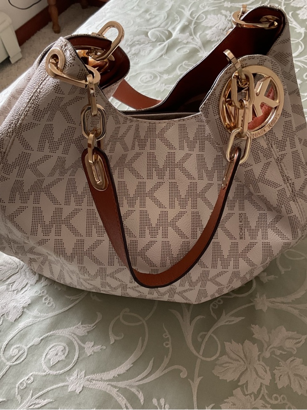 Michael Kors Beige/White Logo Shoulder Hobo with Gold Hardware